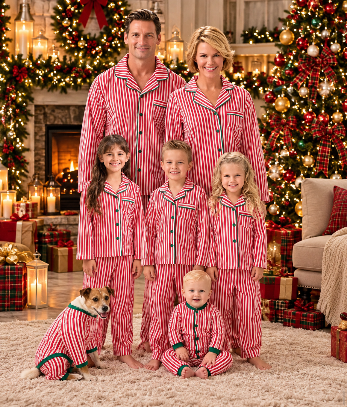 Candy Cane Stripe Green Piped Matching Family Christmas Pyjamas