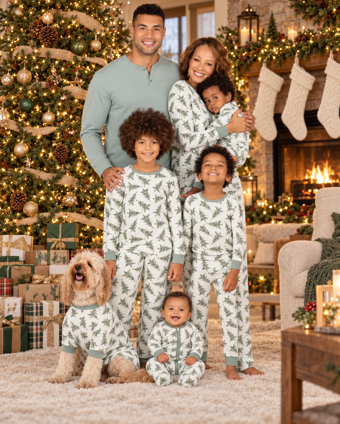 Sage Green Pine Tree Print Matching Family Christmas Pyjamas