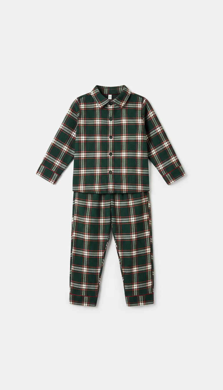 Kids pajama set in evergreen plaid