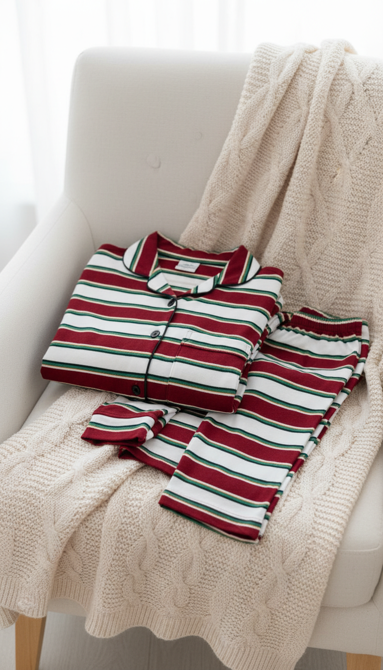 Family pajama set with cranberry stripes