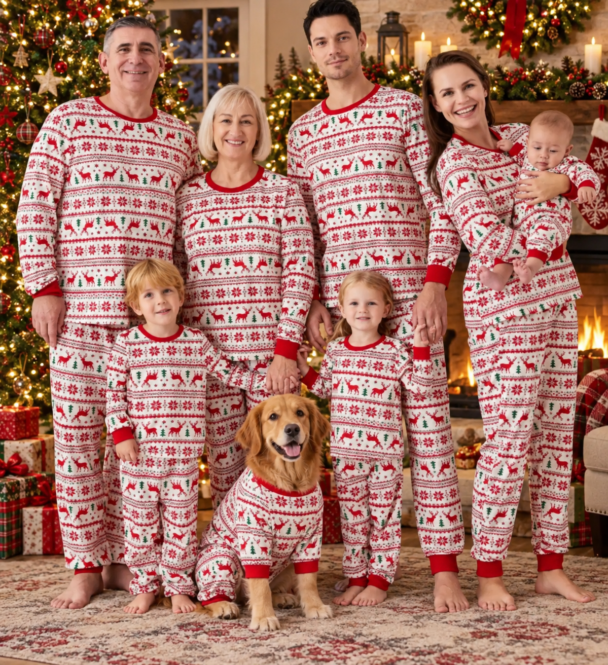 Santa & Reindeer All-Over Print Matching Family Christmas Pyjamas