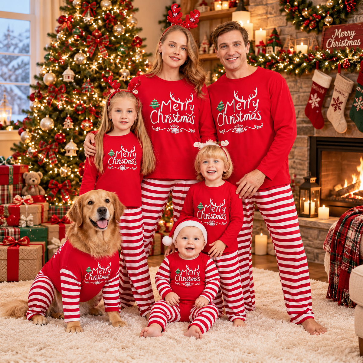 Reindeer Antler Merry Christmas Stripe Matching Family Christmas Pyjamas