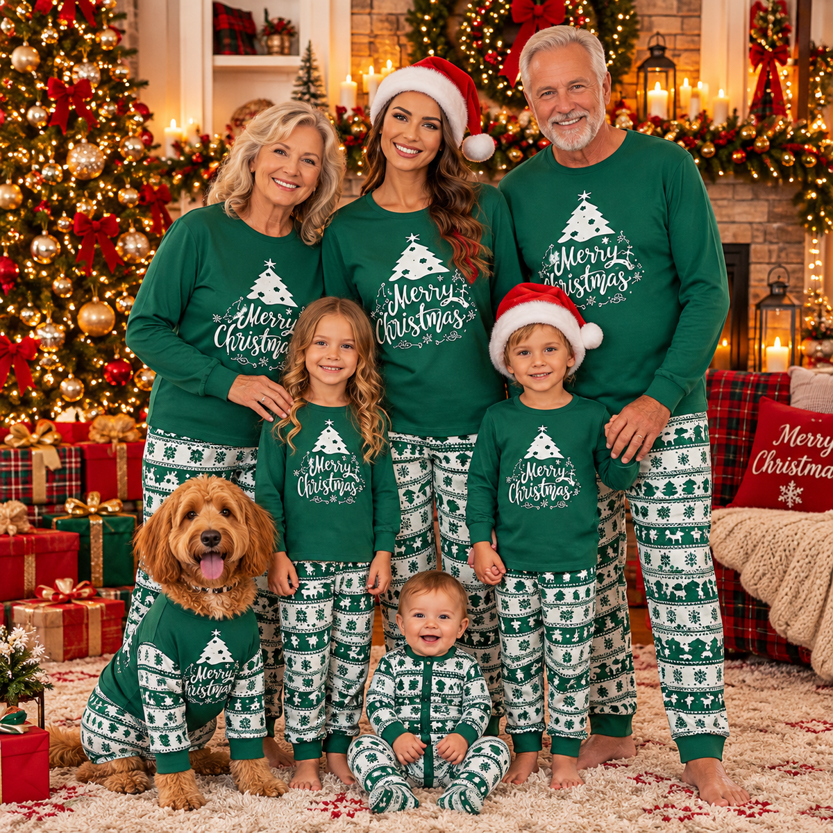 Red Merry Christmas Tree Fair Isle Matching Family Christmas Pyjamas