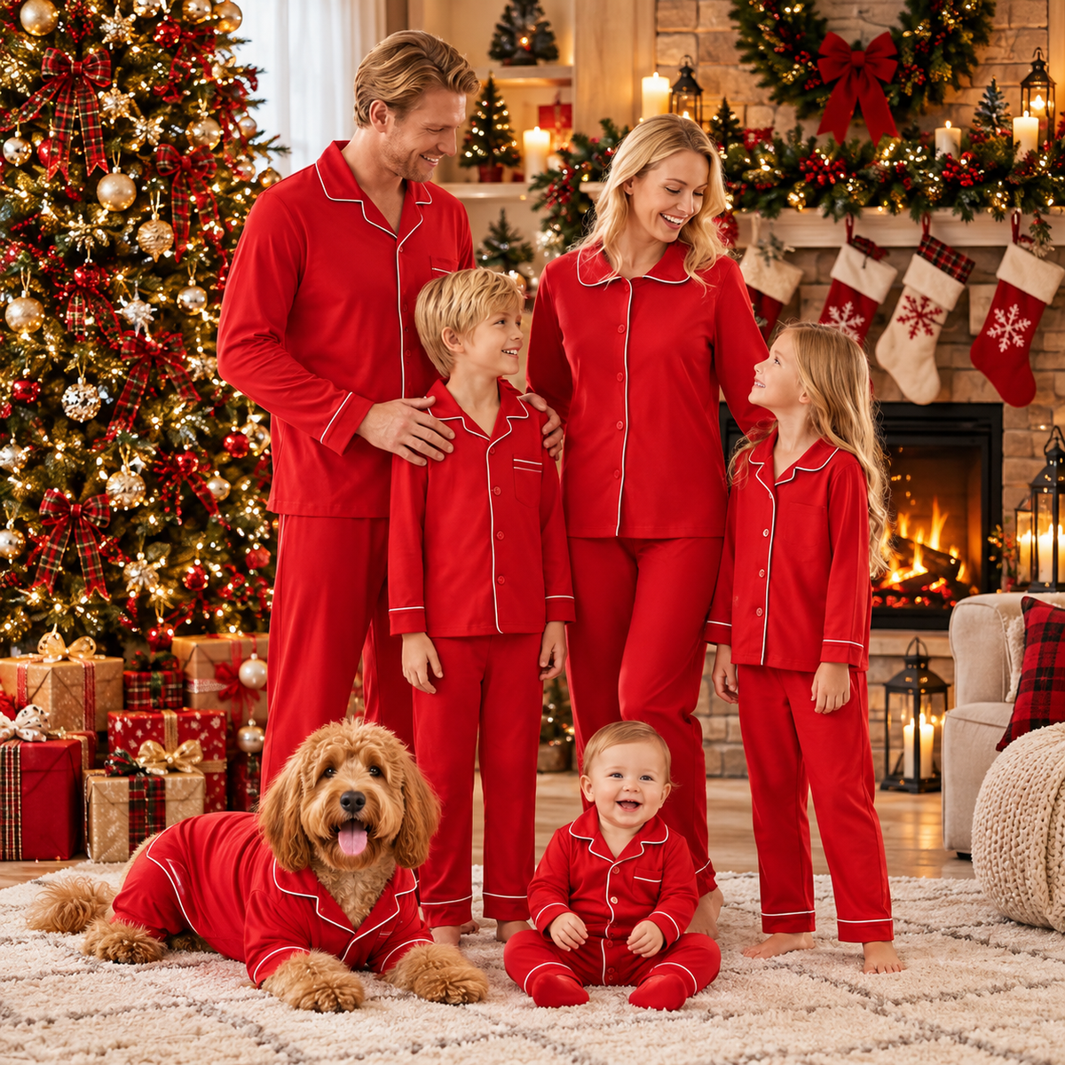 Classic Red Button-Up Piped Matching Family Christmas Pyjamas